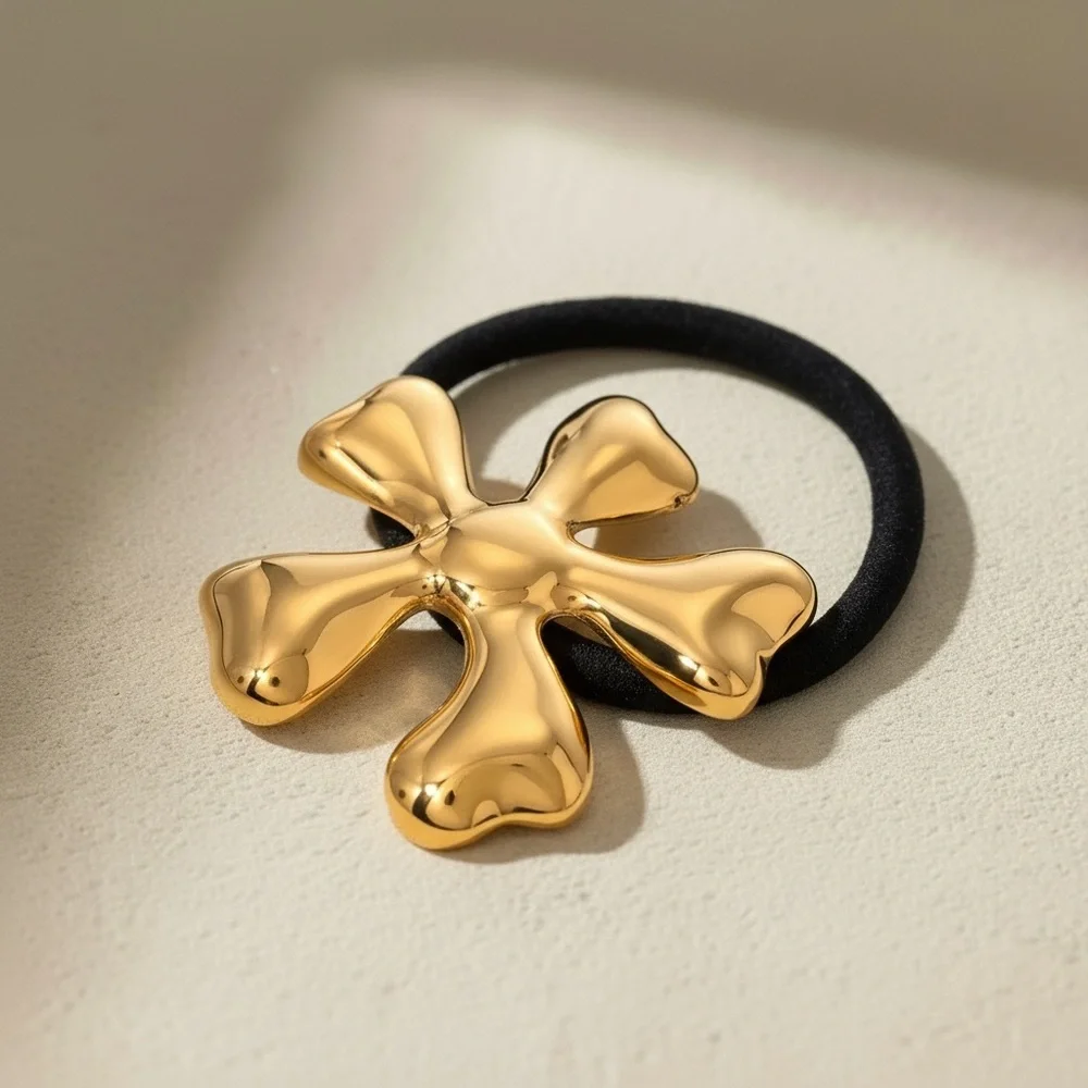 18K Gold Plated Stainless Steel Sculptural Flower Ponytail Cuff Hair Tie